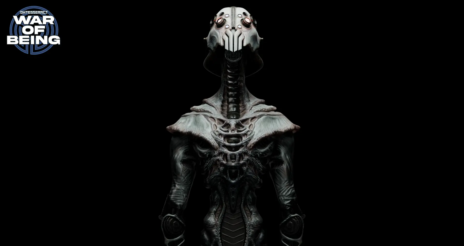 Full-body render of the War of Being subject with plated mask and skeletal torso