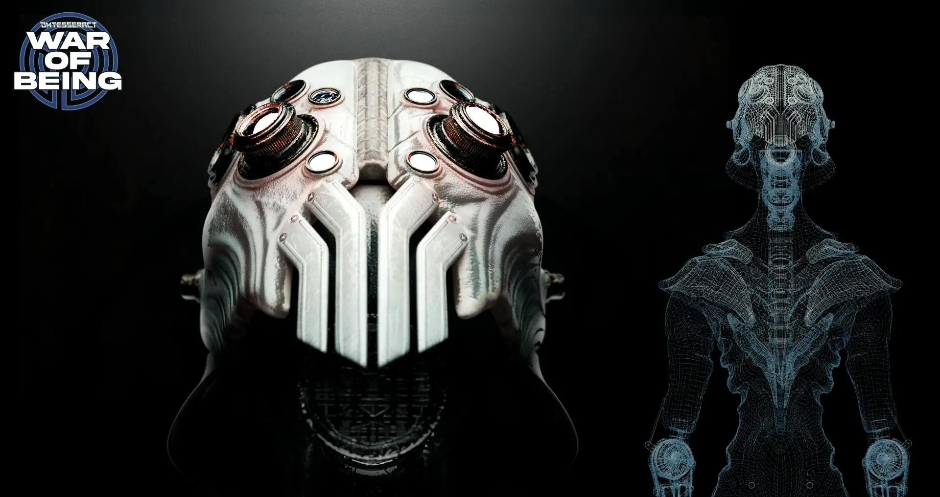 Close-up of the War of Being mask assembly next to a wireframe body scan